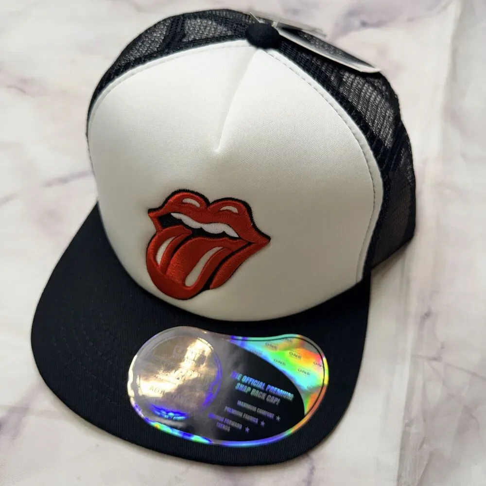 The Rolling Stones Men's Trucker-Style Snapback Hat, Classic Logo on White Crown - Picture 2 of 5